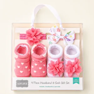 Baby Pack Of 4 Headband & Socks Set Hearts Pink & White - Sunshine